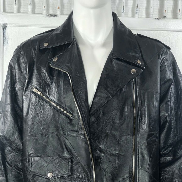 Genuine Leather Patchwork Jacket Vintage 80s Cry Baby Rock Greaser Biker Size XL - Picture 6 of 12
